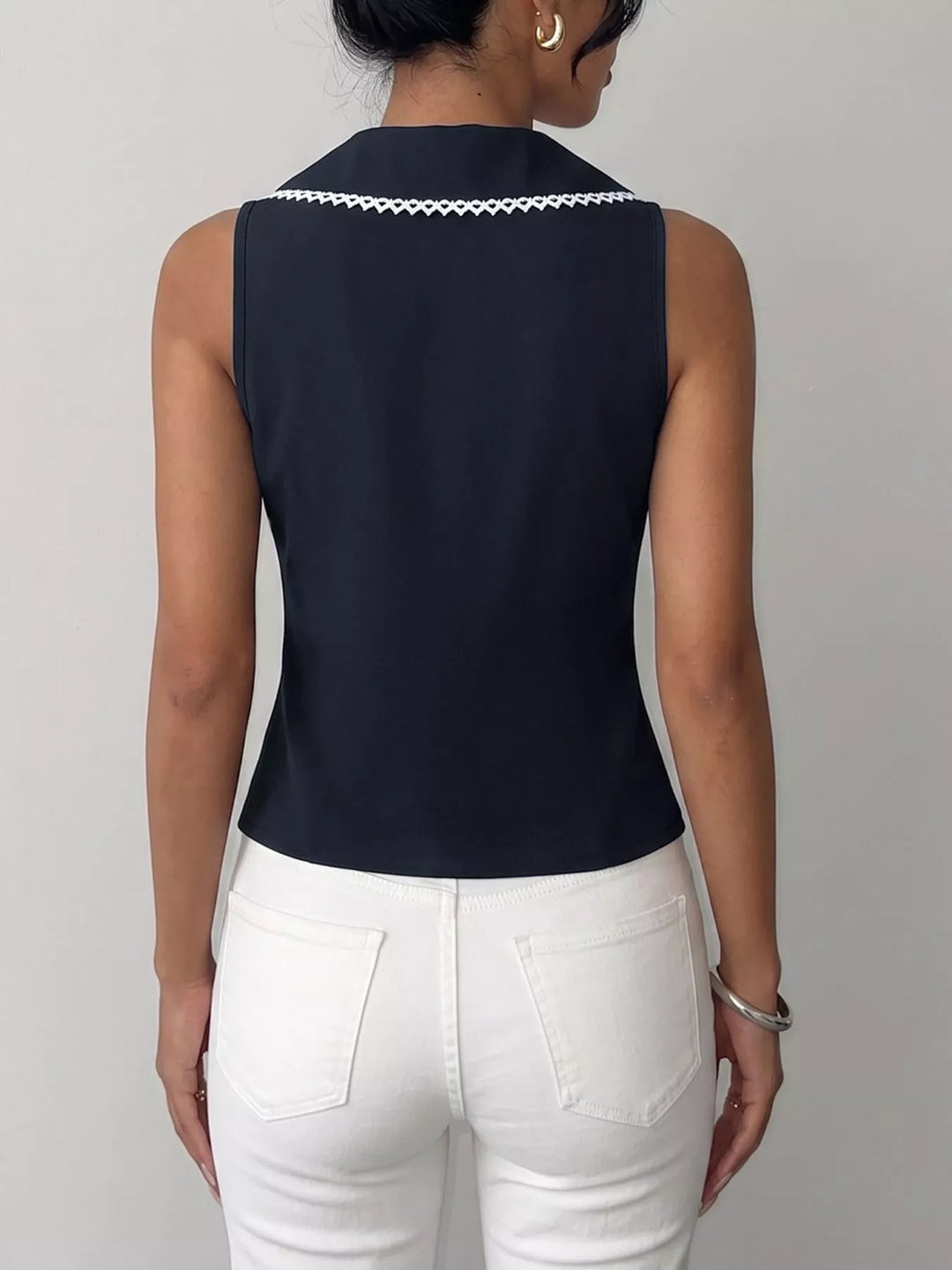 Lace-trim lapel tie-front sleeveless vest top