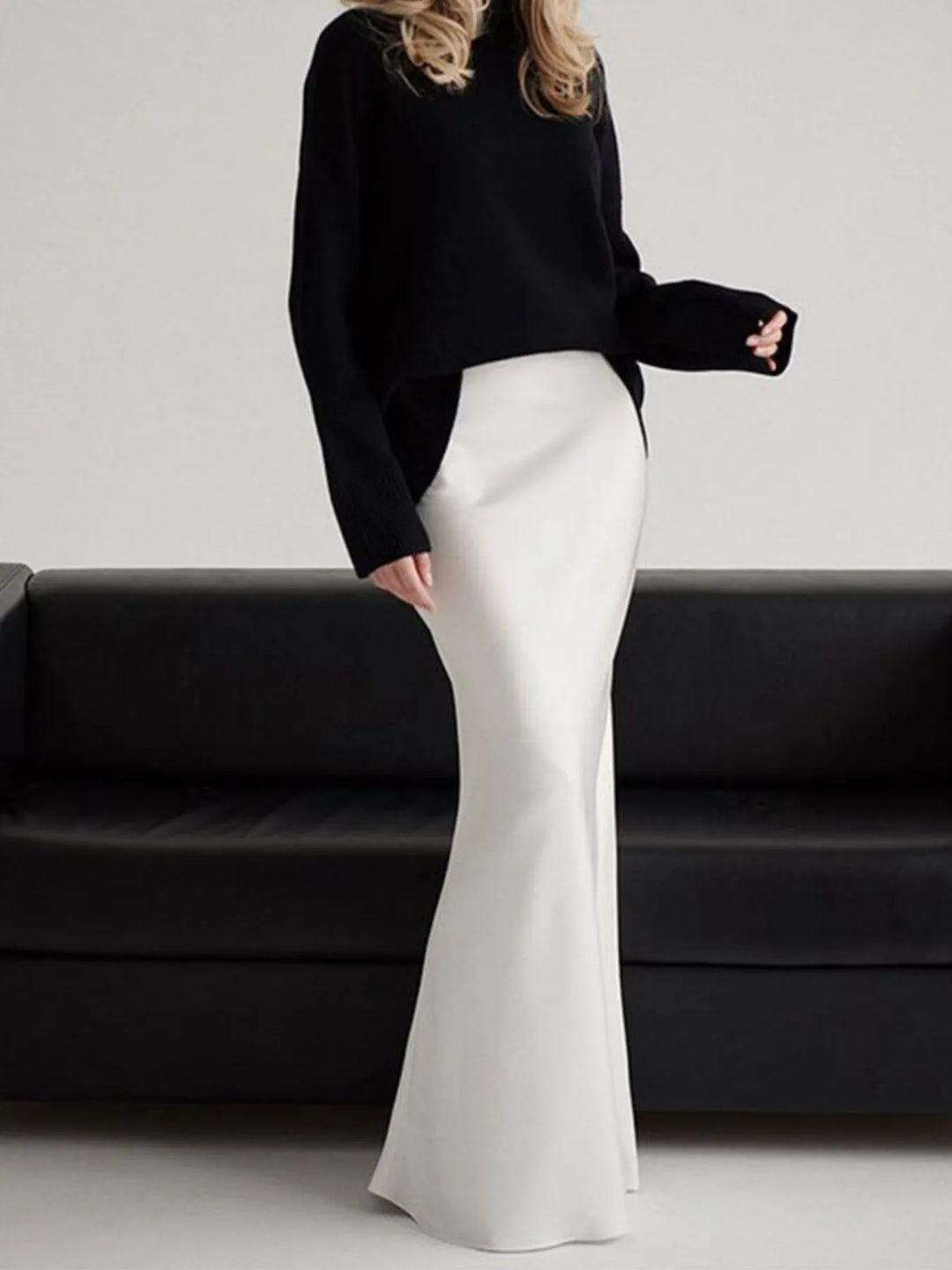 White Fitted high-waist satin maxi skirt with flared hem