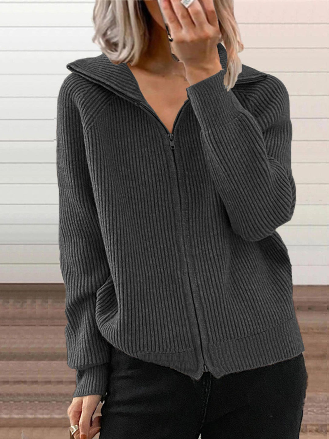 Gray Ribbed knit zip-up cardigan with collar and pockets