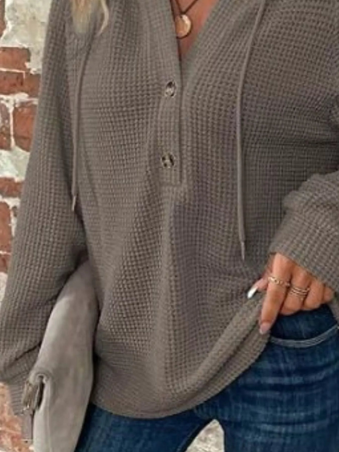 Waffle knit button-front hoodie with drawstring hood