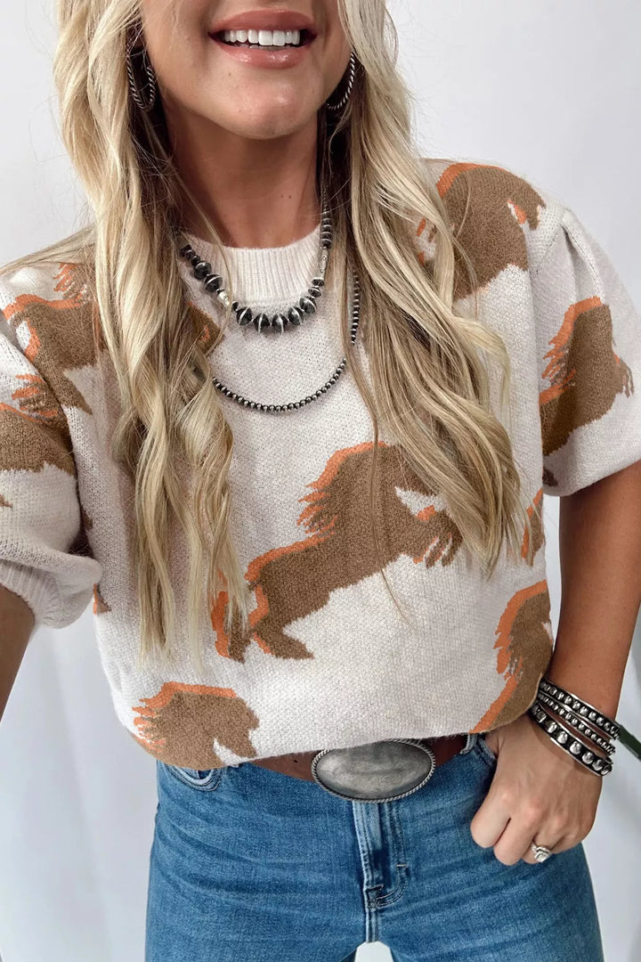 Beige Horse graphic ribbed knit puff sleeve sweater top