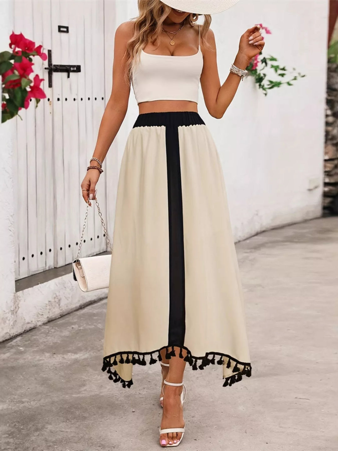 Cream Contrast stripe high-waist midi skirt with tassel hem
