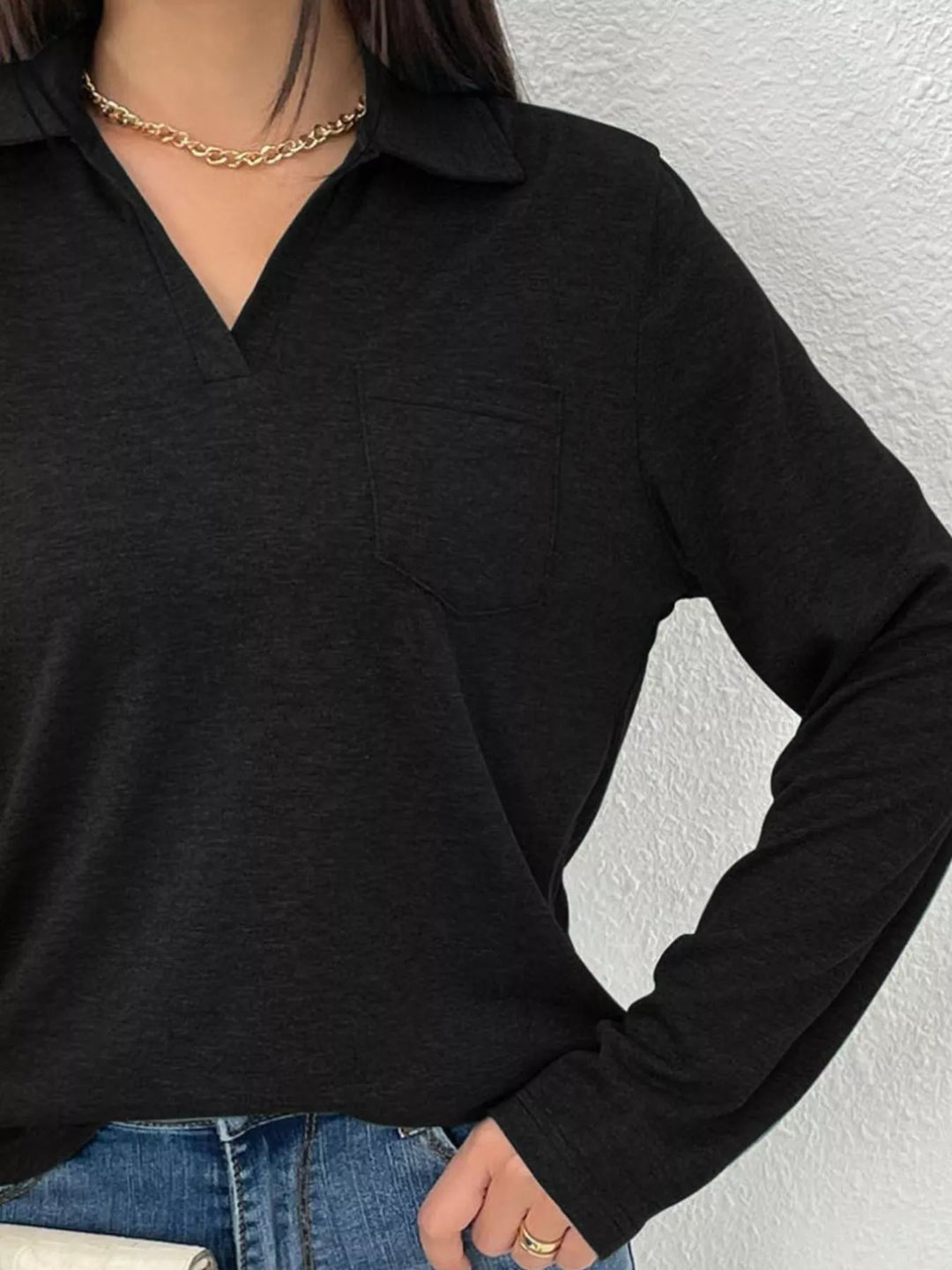 Collared long sleeve polo top with chest pocket