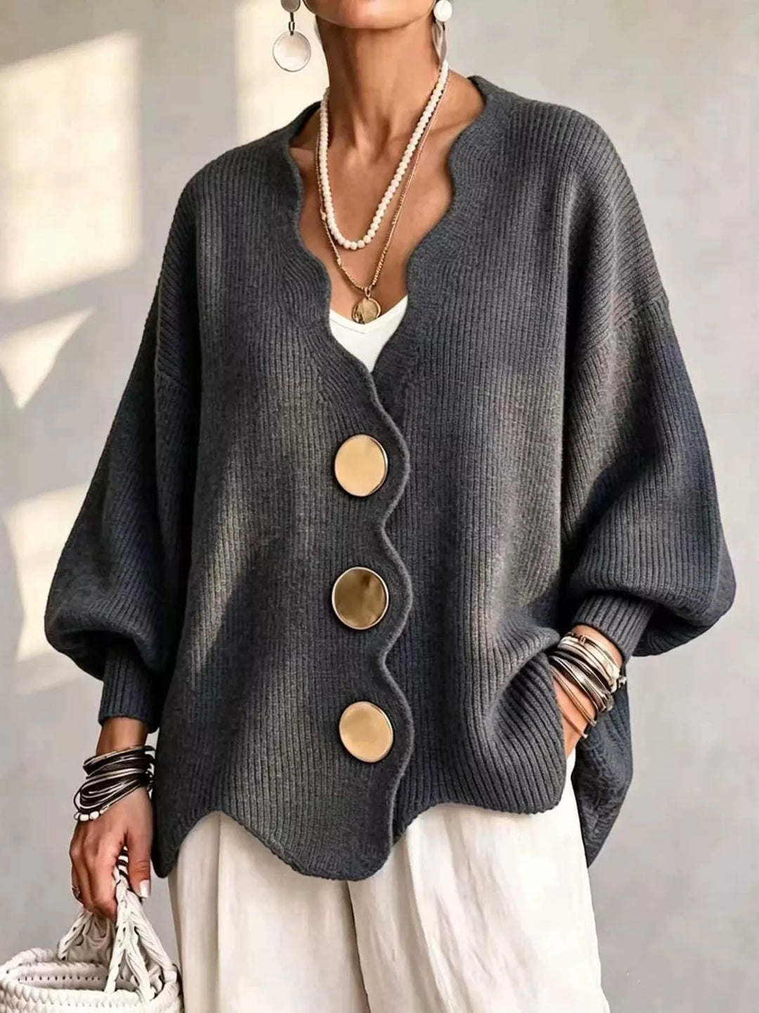 Black Scalloped-edge ribbed knit oversized button-down cardigan