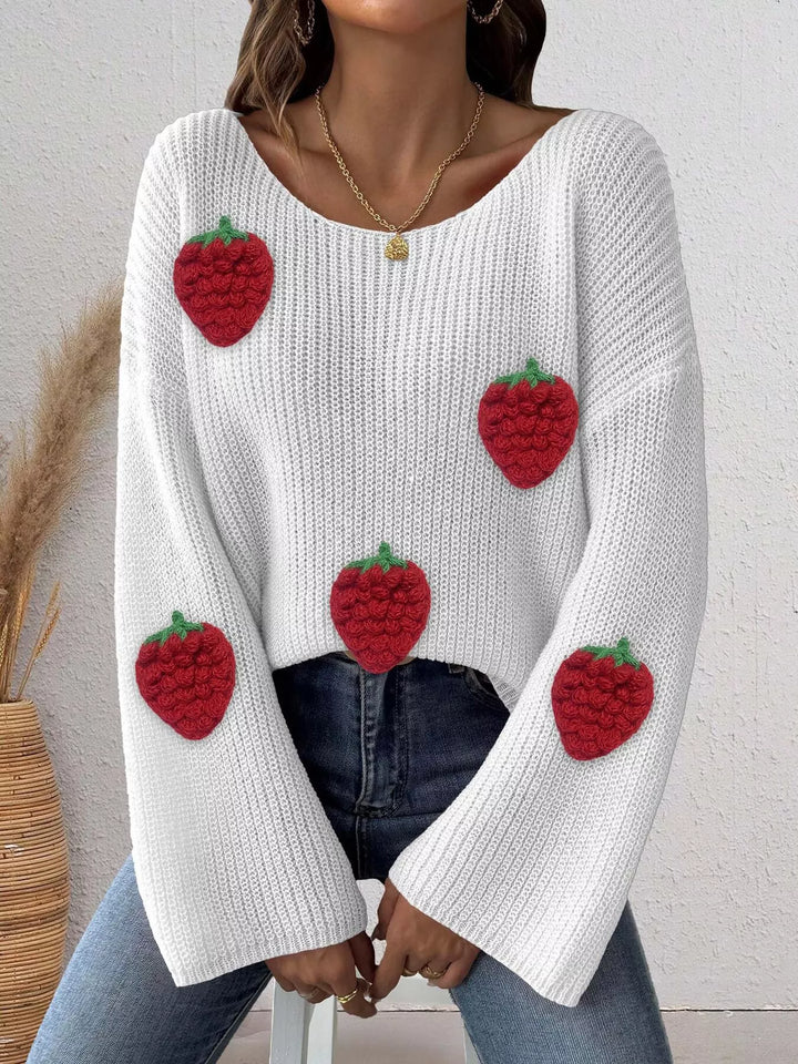 Strawberry applique ribbed knit oversized pullover sweater