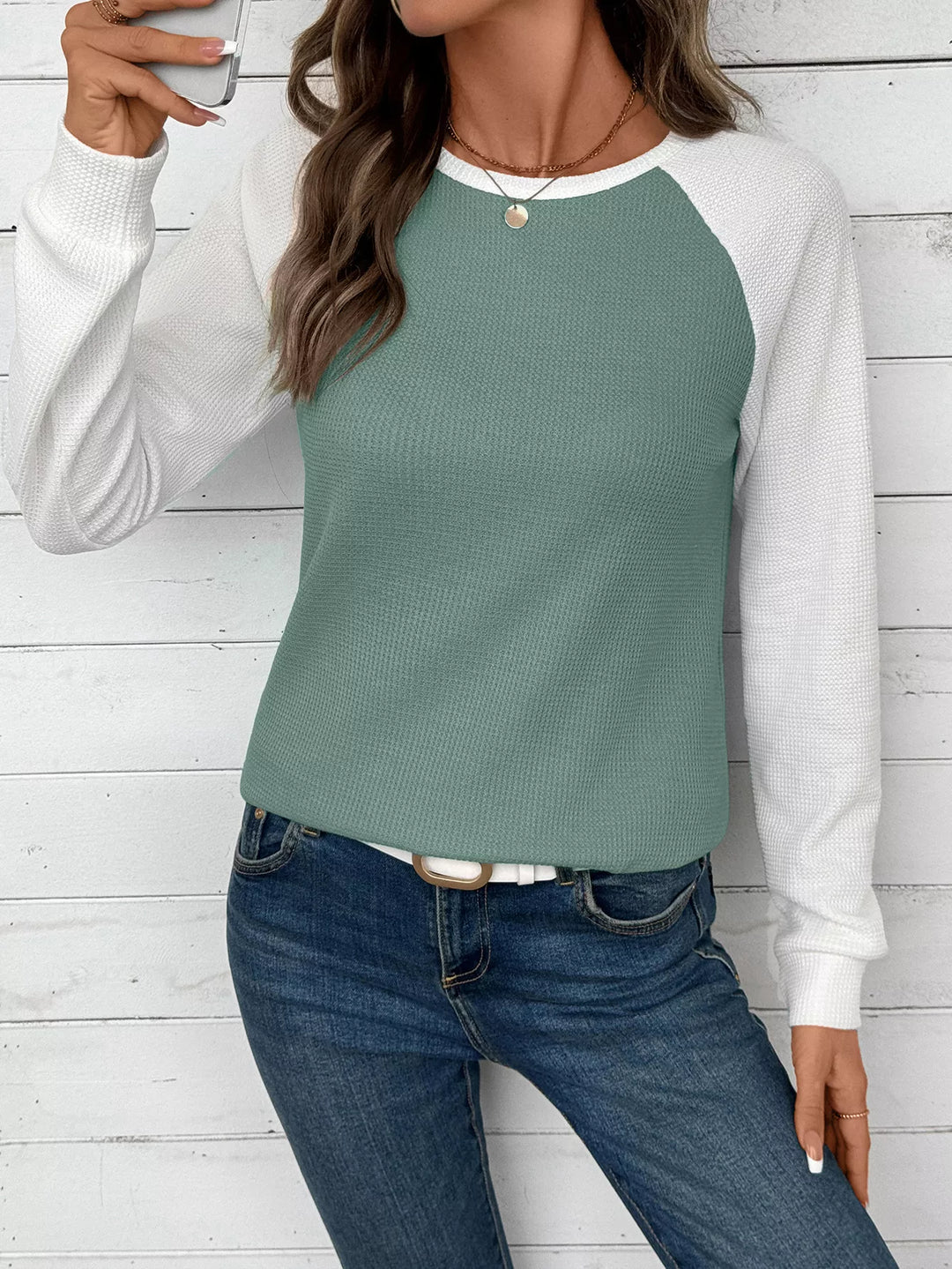 Contrast raglan waffle knit long sleeve top