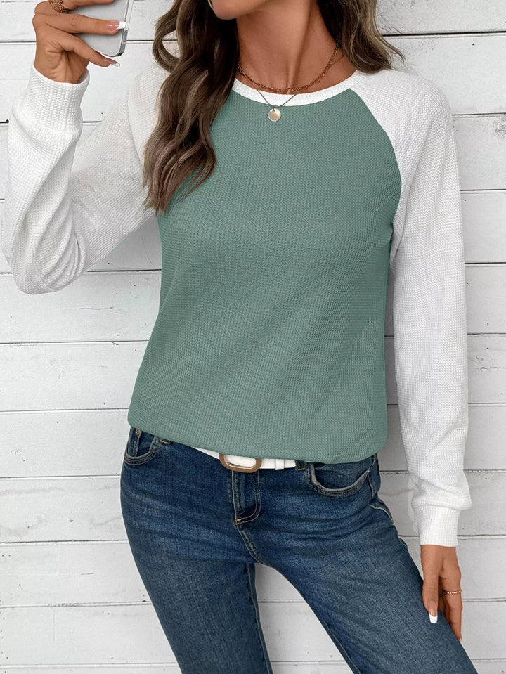 Contrast raglan waffle knit long sleeve top