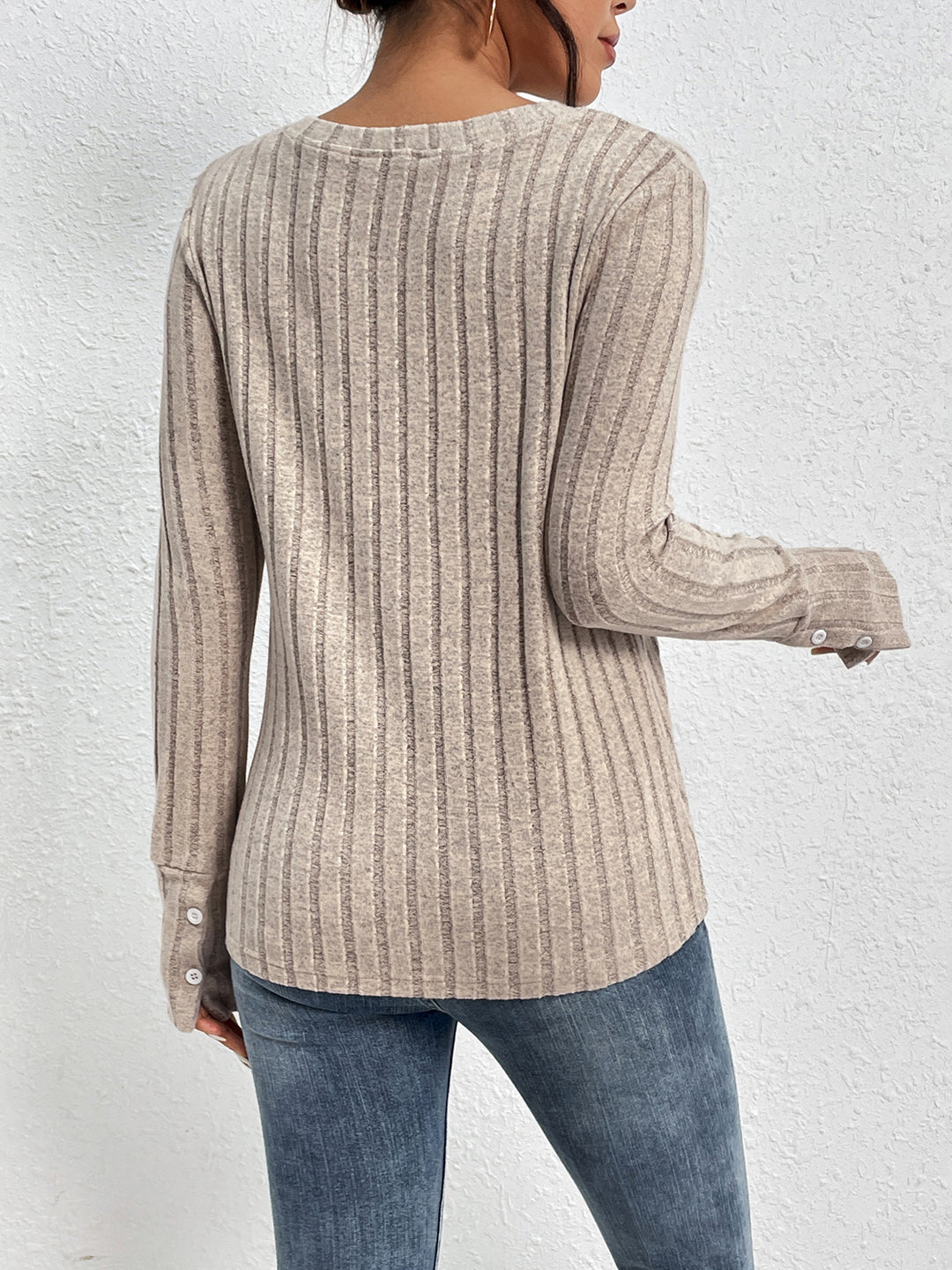 Lace trim ribbed knit V-neck long sleeve top