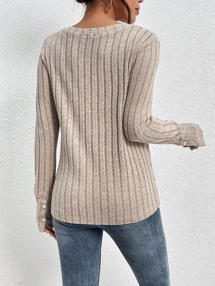 Lace trim ribbed knit V-neck long sleeve top