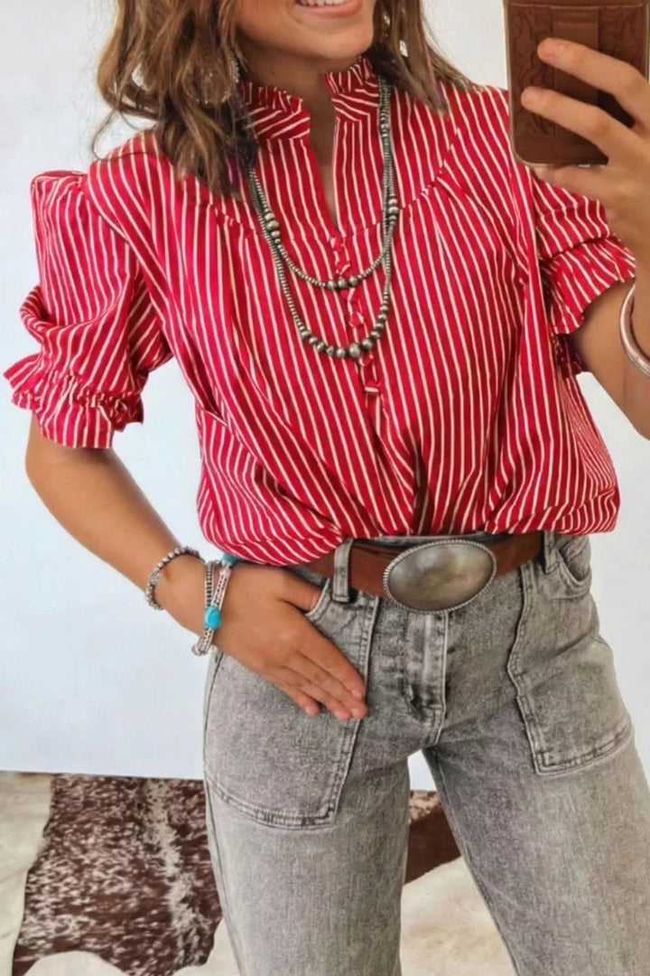 Striped ruffle-trim short sleeve button-front shirt