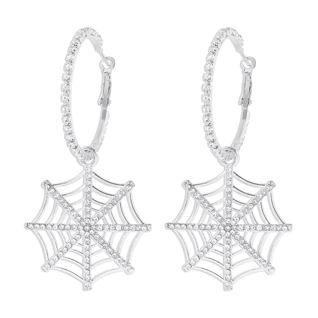 Rhinestone spider web dangle hoop earrings