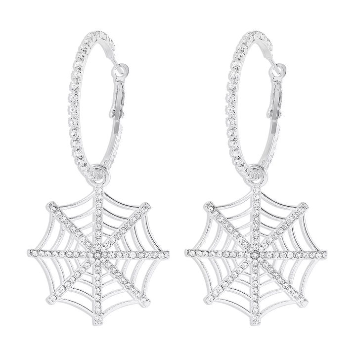Rhinestone spider web dangle hoop earrings