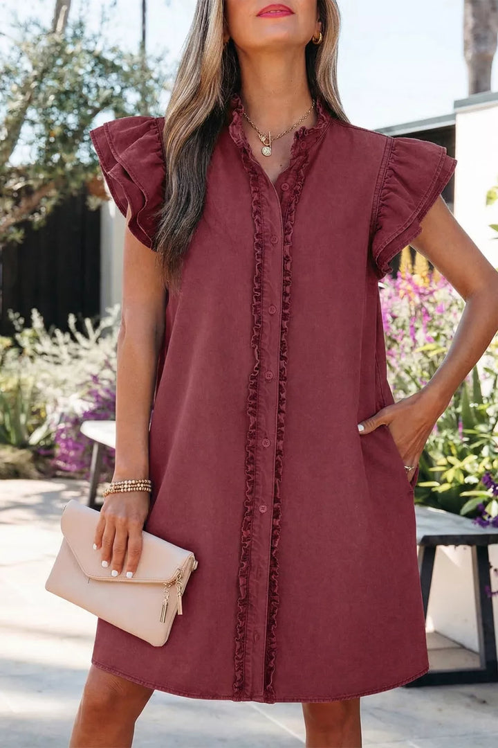 Burgundy Ruffle placket flutter sleeve denim mini dress
