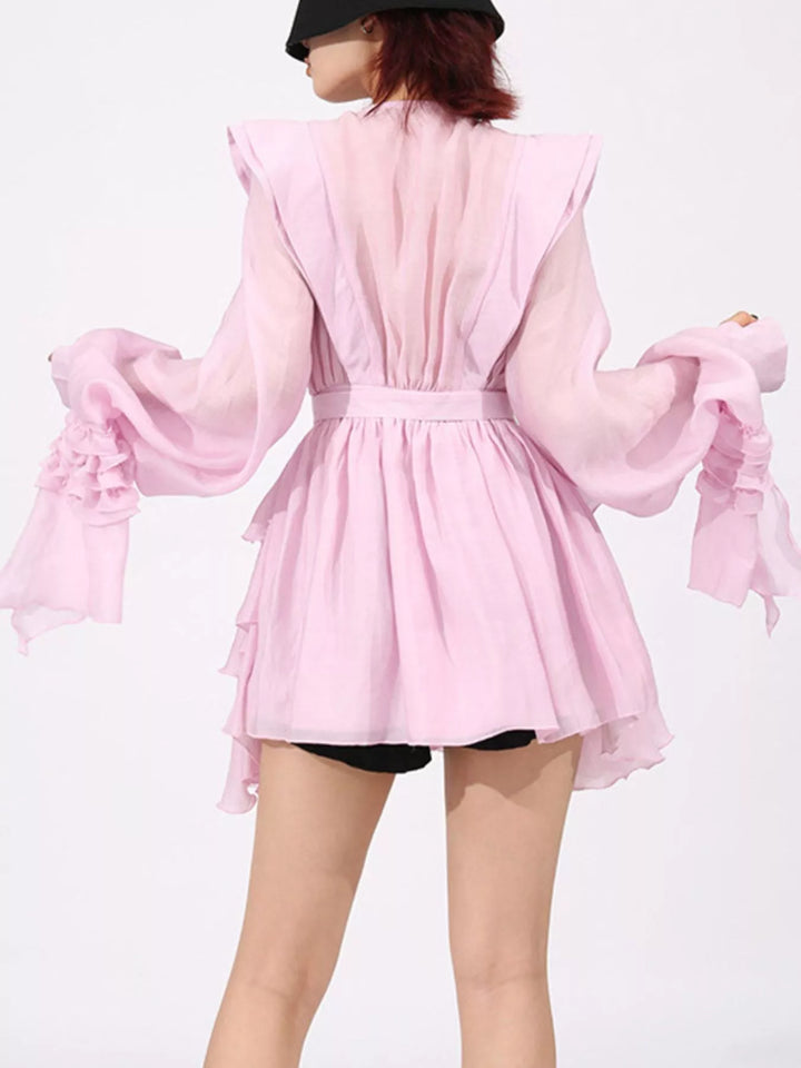 Tiered ruffle chiffon mini dress with puff sleeves