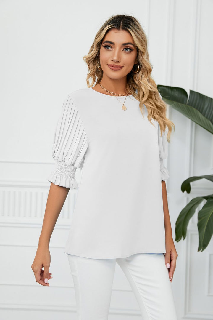 White Pleated puff sleeve keyhole blouse with smocked cuffs