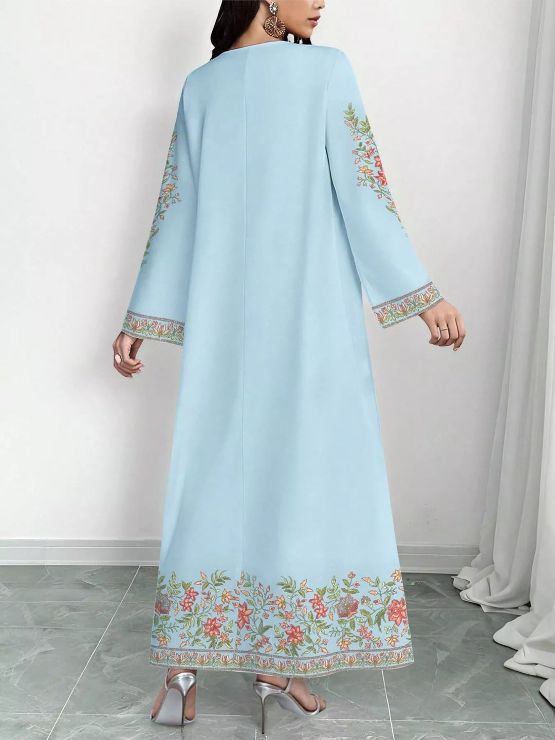 Floral border print V-neck long sleeve maxi dress