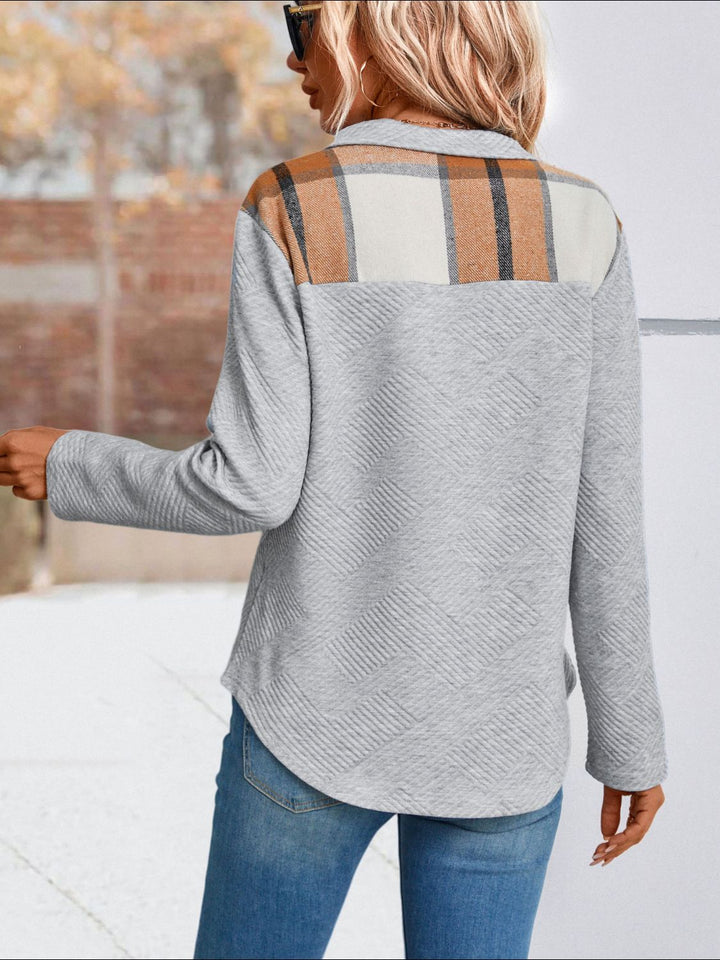 Textured diamond-knit quarter-snap pullover with plaid placket