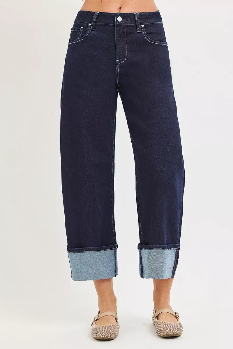 High-rise slouchy barrel-leg cropped jeans with cuffed hem