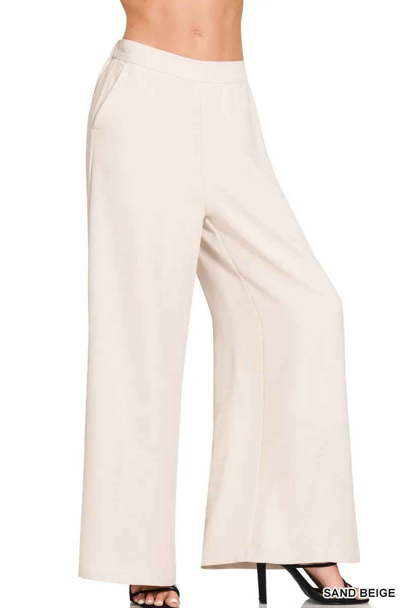 Beige Relaxed wide-leg palazzo pants with elastic waist and pockets