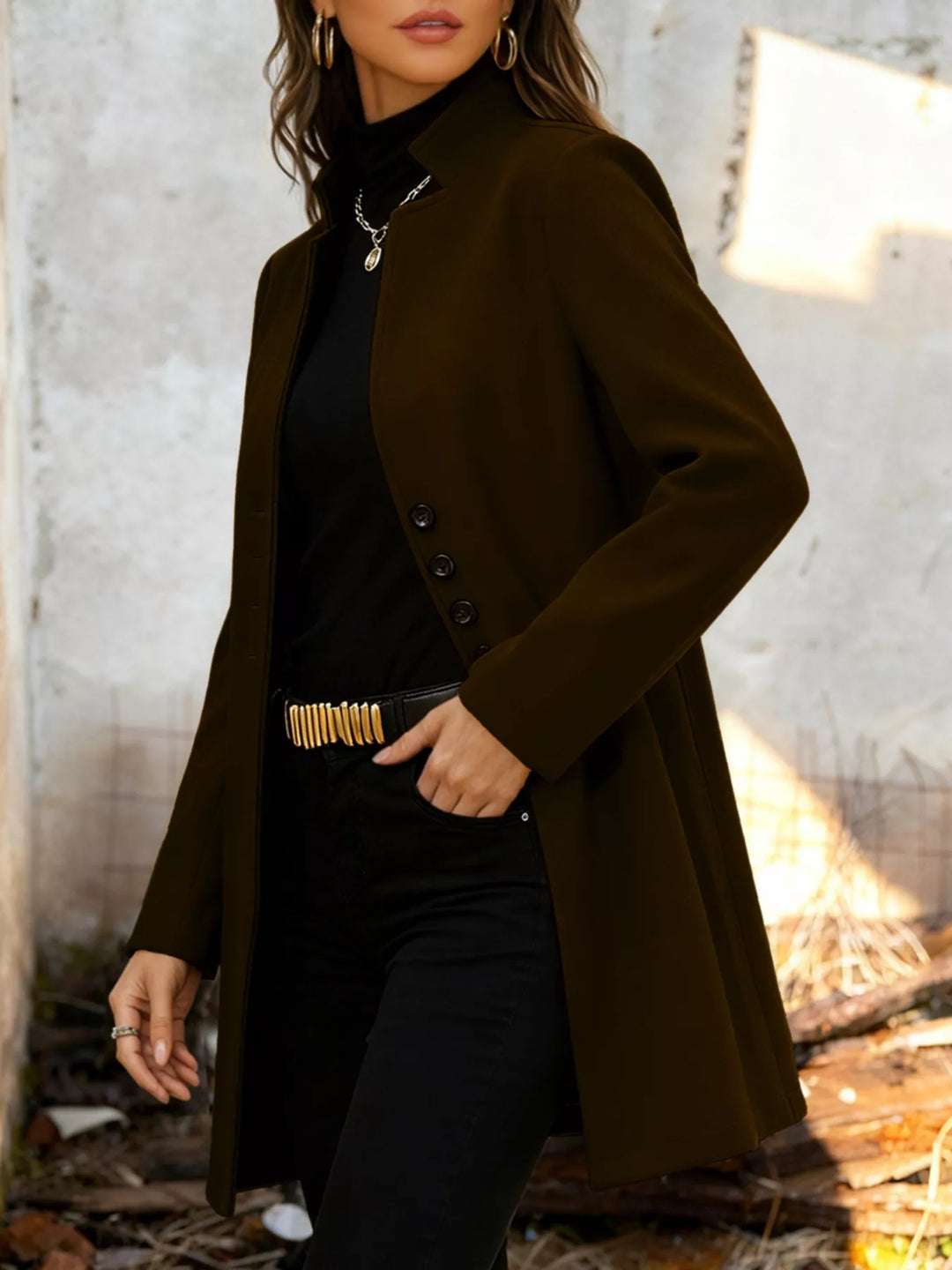 Single-breasted stand-collar longline coat