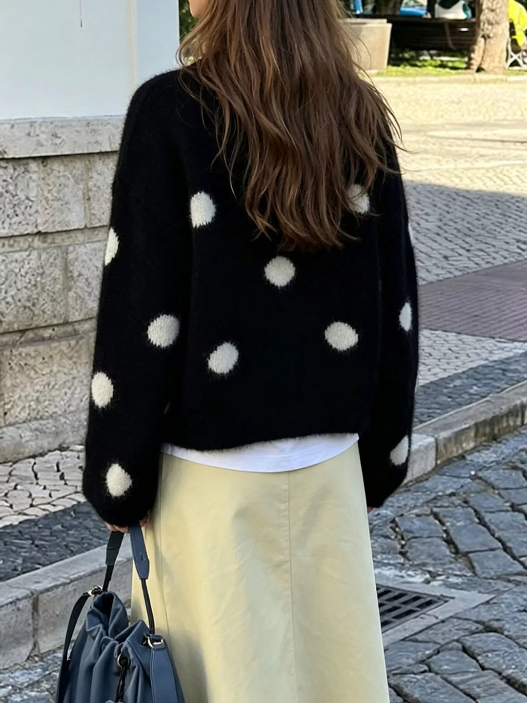 Polka dot fuzzy knit button-up cropped cardigan