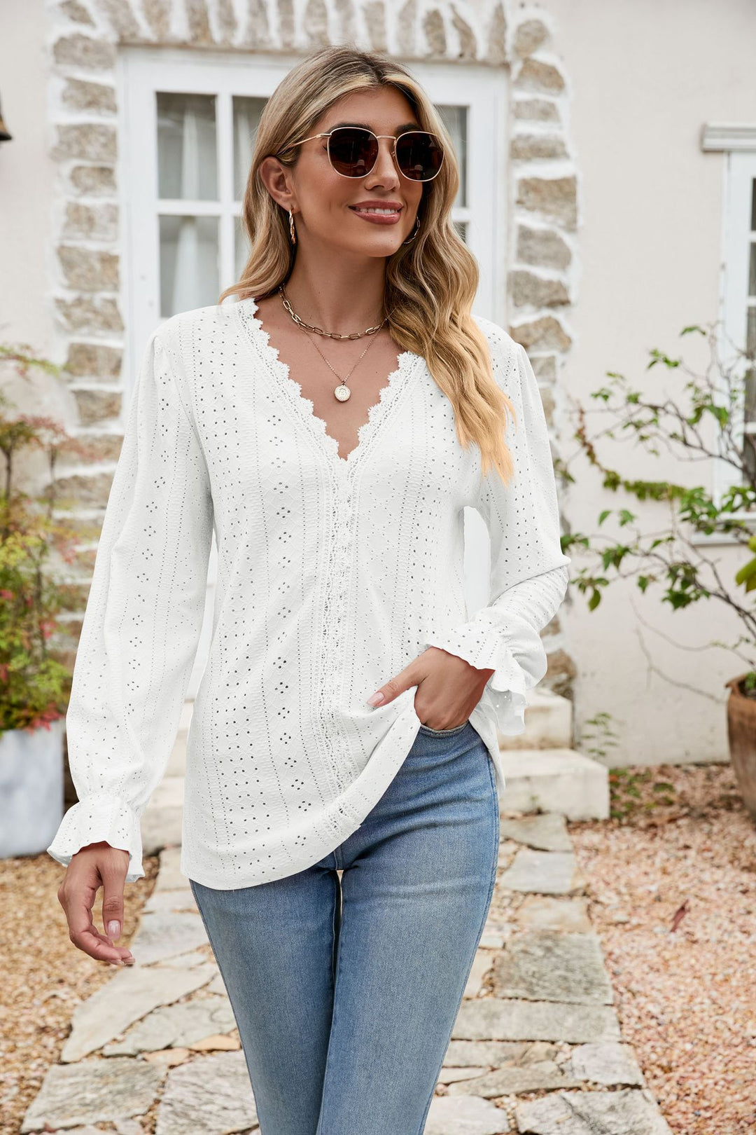 White Eyelet lace-trim V-neck blouse with flounce sleeves