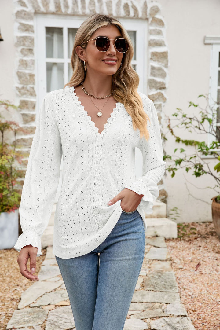 White Eyelet lace-trim V-neck blouse with flounce sleeves