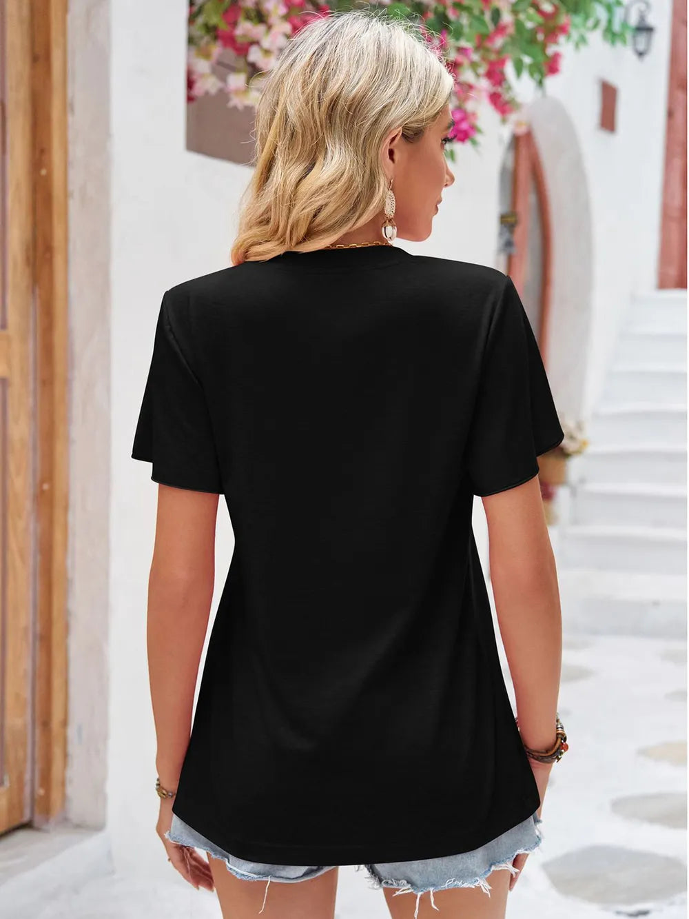 Ruched V-neck flutter sleeve knit t-shirt