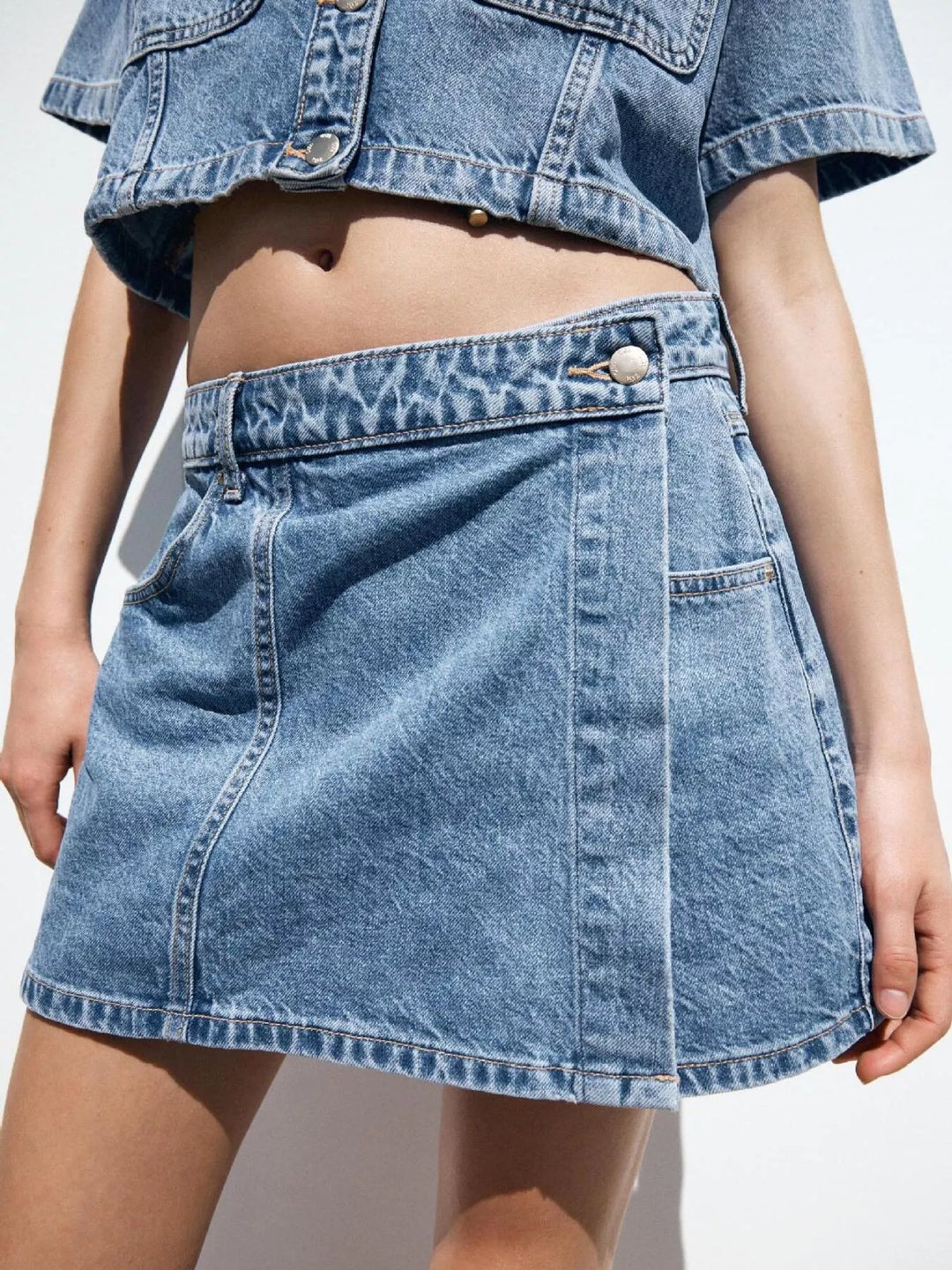 Contrast-stitch denim button-up crop shirt and skort set
