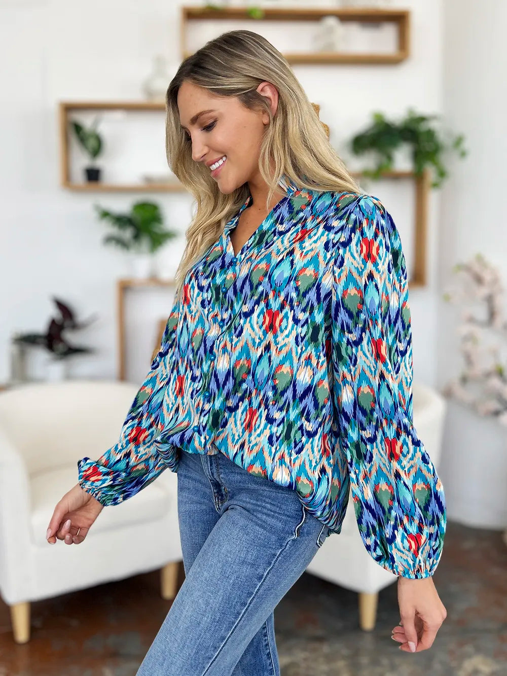 Abstract print balloon-sleeve button-down blouse