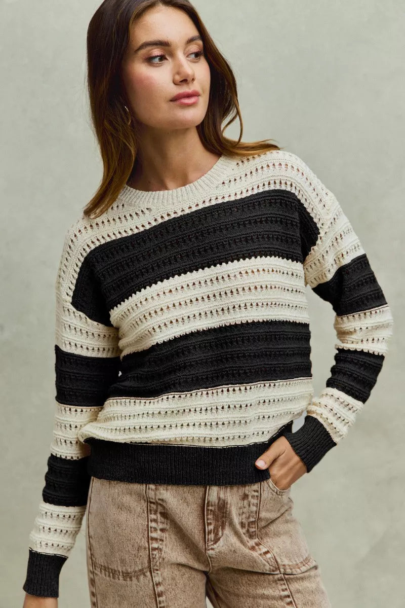 CREAM/BLACK Openwork textured wide-stripe knit pullover sweater