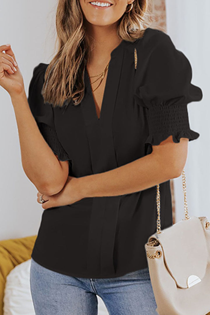 Black Notched neck blouse with smocked flounce sleeves