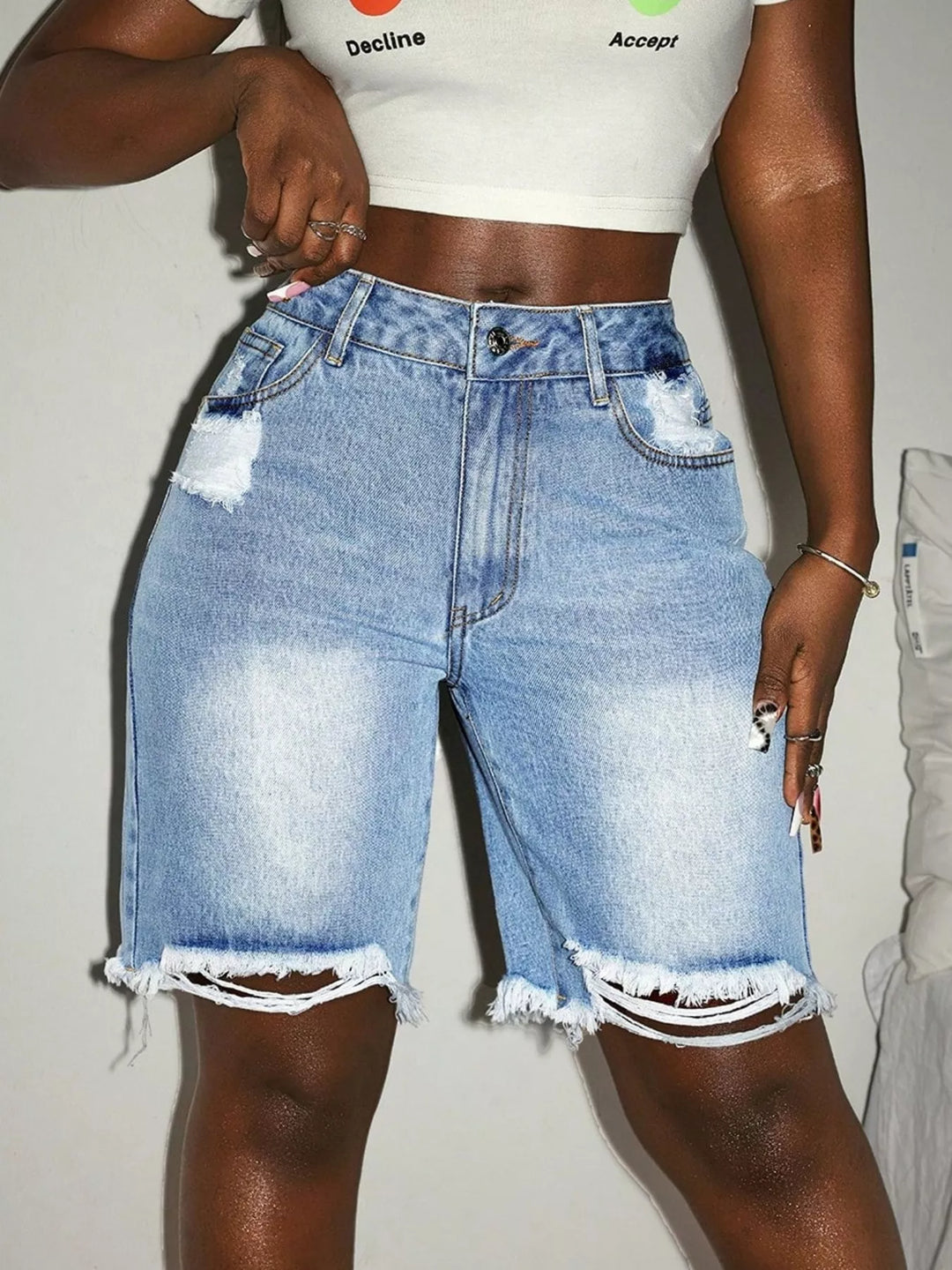 Blue Distressed high-rise frayed hem denim shorts