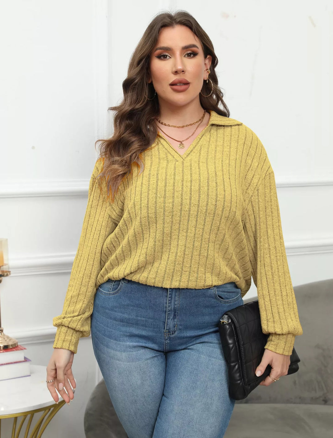 Plus size ribbed knit polo collar long-sleeve top