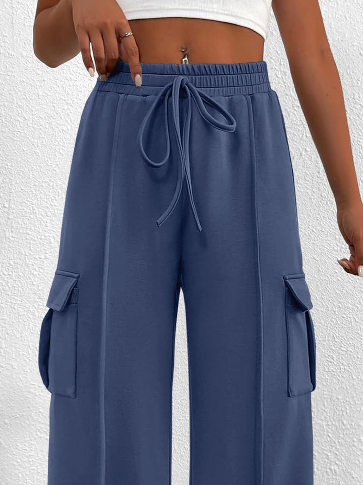 Drawstring high-waist wide-leg cargo pants with flap pockets