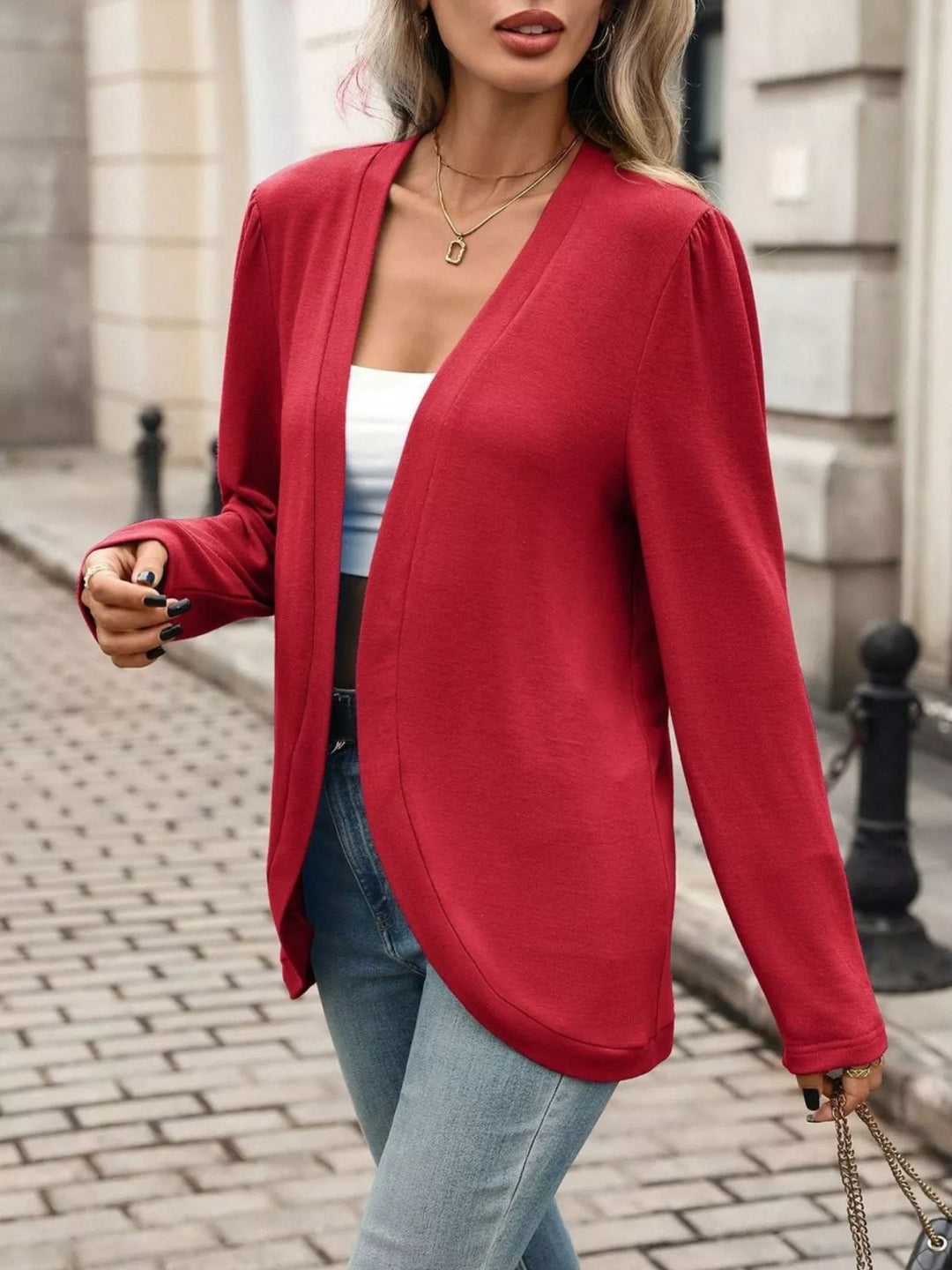 Open front collarless cardigan blazer with curved hem