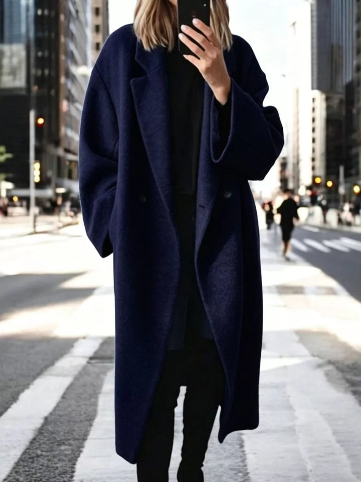Blue Oversized notch lapel longline coat with side pockets