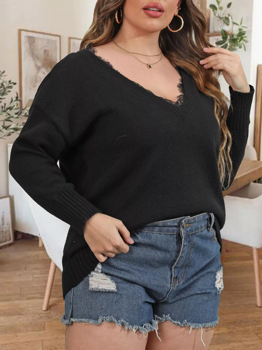 Black Lace trim V-neck ribbed knit pullover sweater