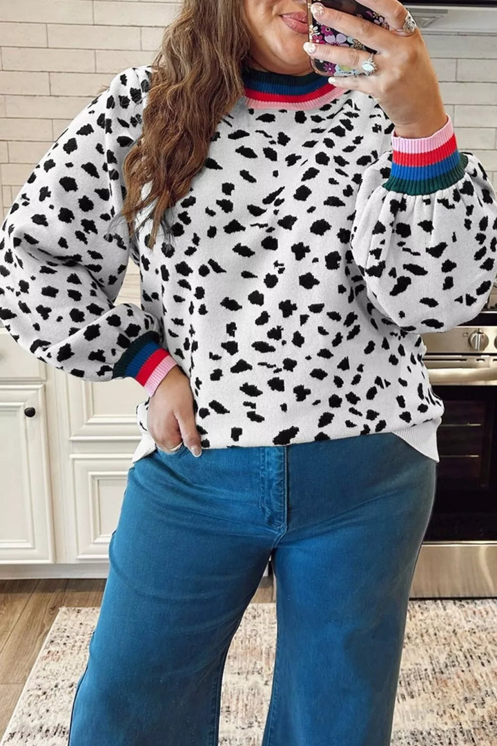 Animal print sweater with striped rib trim and balloon sleeves