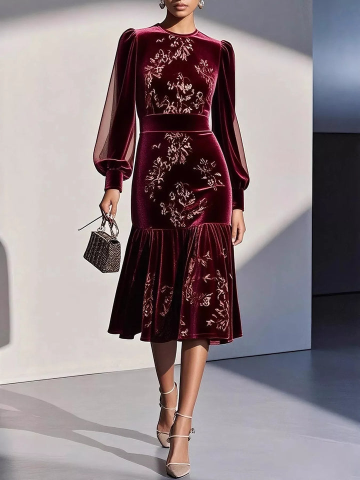 Green Floral velvet midi dress with sheer lantern sleeves