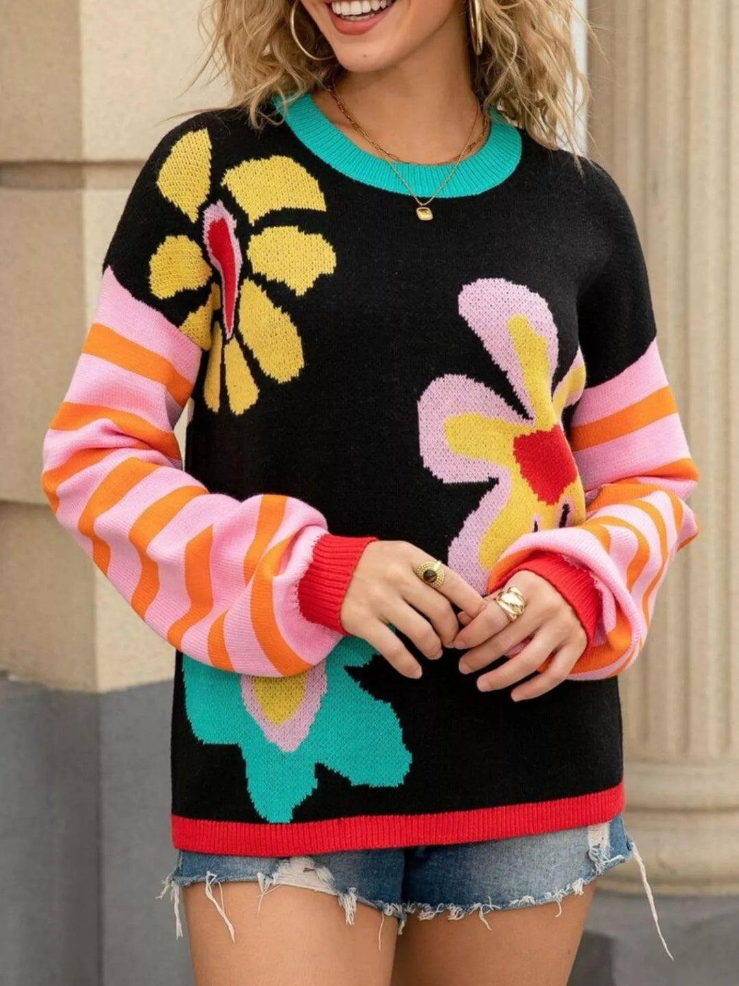 Mod floral crew neck sweater with striped sleeves