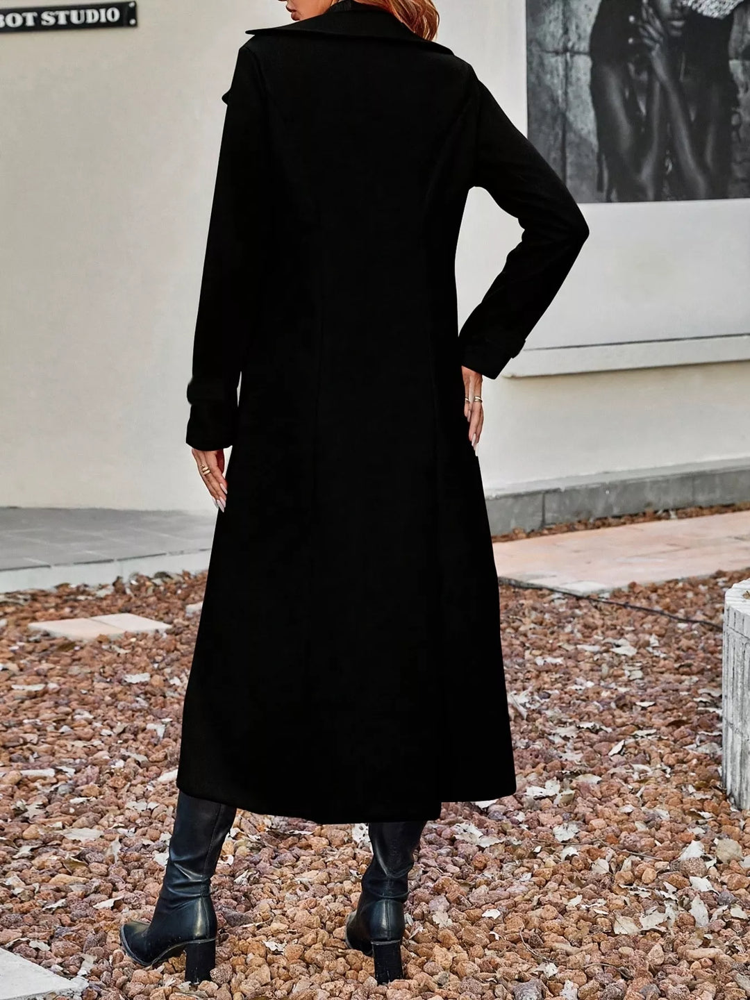 Double-breasted longline trench coat with notch lapels