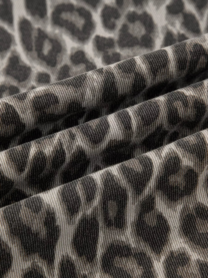 Leopard print straight loose-leg jeans with cuffed hem