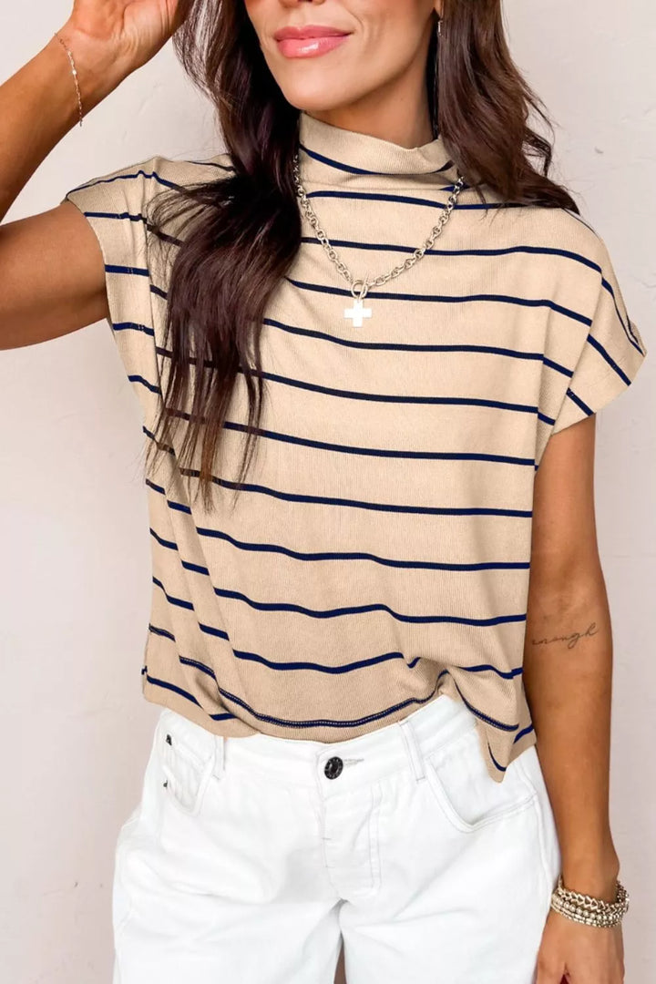 Tan Striped mock neck short sleeve knit top