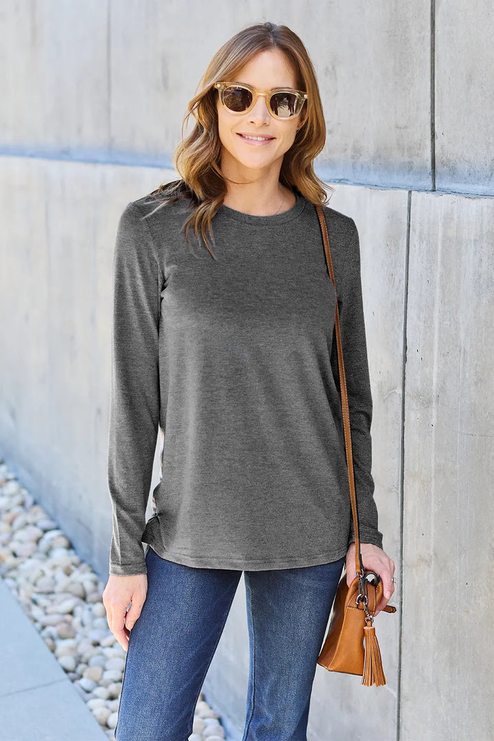 Dark Gray Crew neck long sleeve top with curved hem