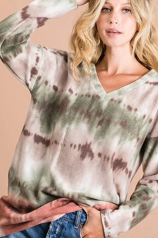 Brushed knit tie-dye V-neck long sleeve top