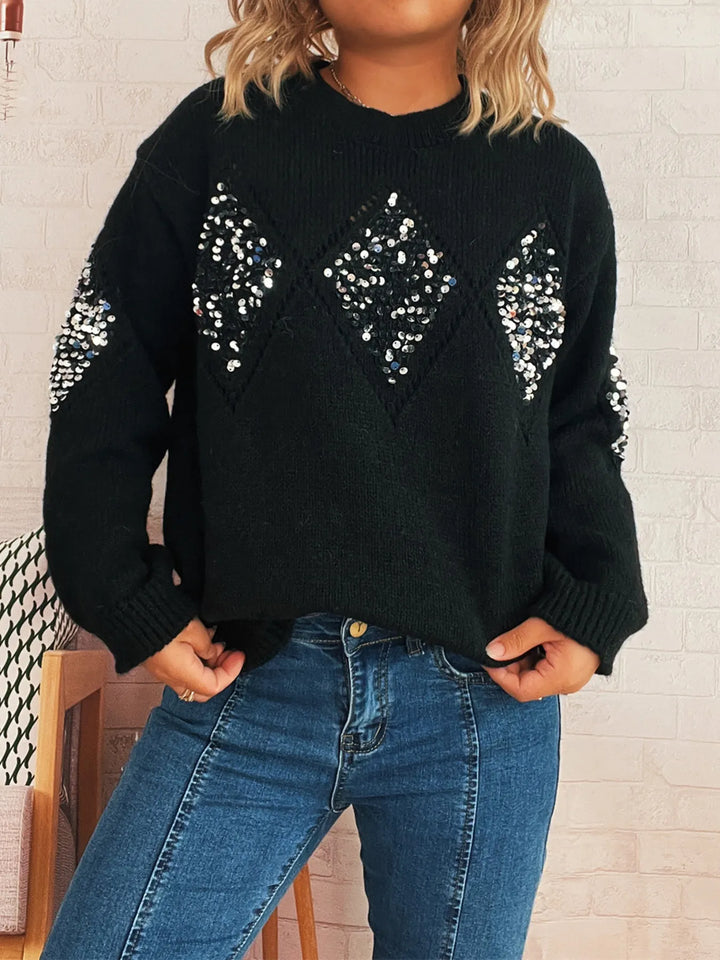 Sequined diamond pointelle knit oversized sweater