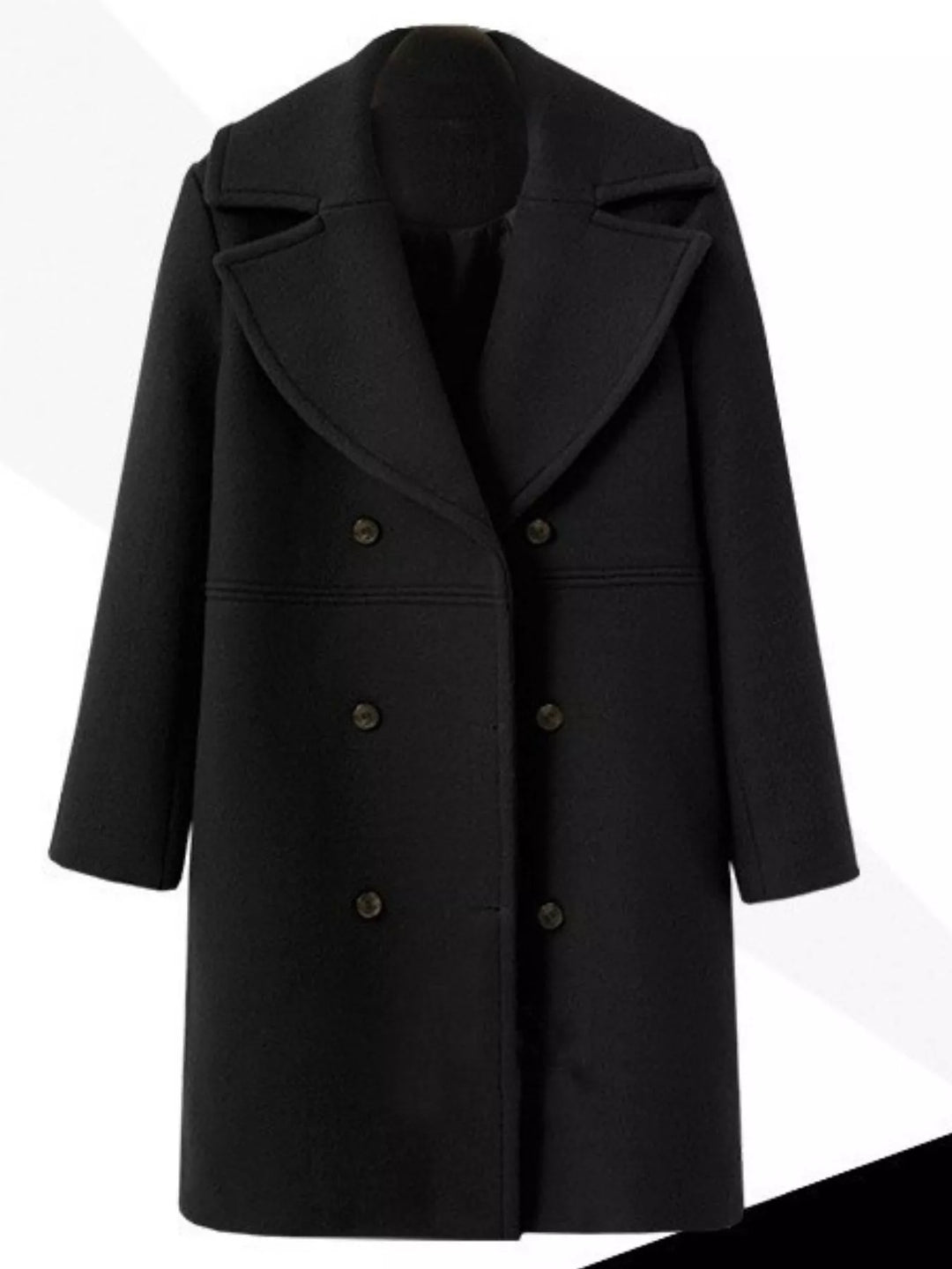 Black Double-breasted longline coat with notched lapel collar