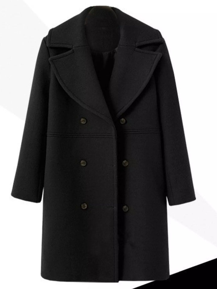 Black Double-breasted longline coat with notched lapel collar