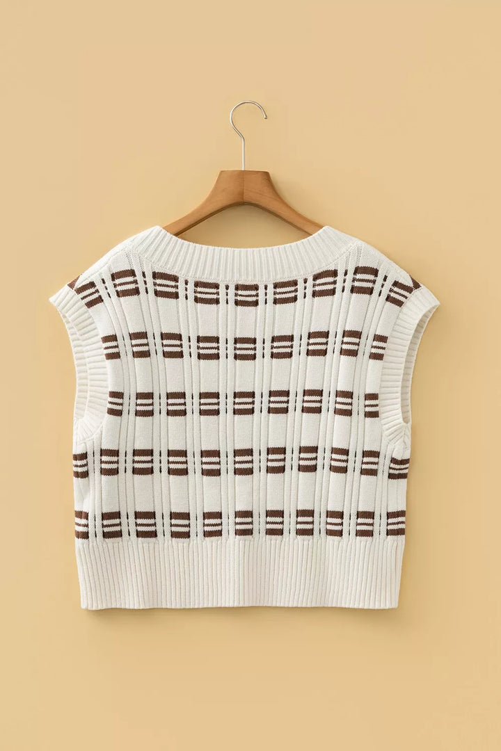 Contrast stripe ribbed knit V-neck cropped sweater vest